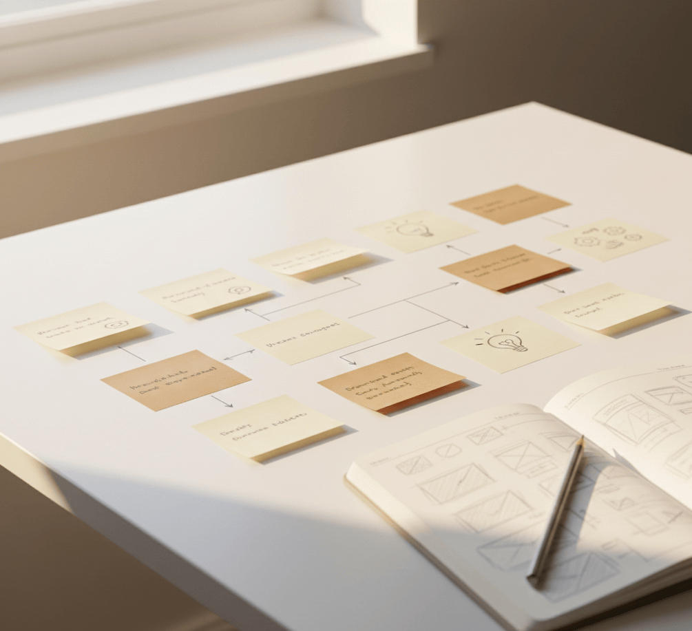 A clean minimalist workspace with sticky notes arranged in an organised sitemap symbolising the transformation of chaotic ideas into structured business clarity.