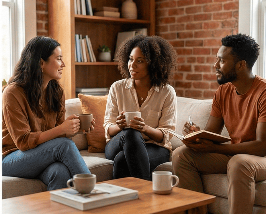 A diverse group of creative founders sitting comfortably in a warm brick-walled studio drinking coffee and sharing ideas embodying the supportive heard and seen community atmosphere of Loomworx.