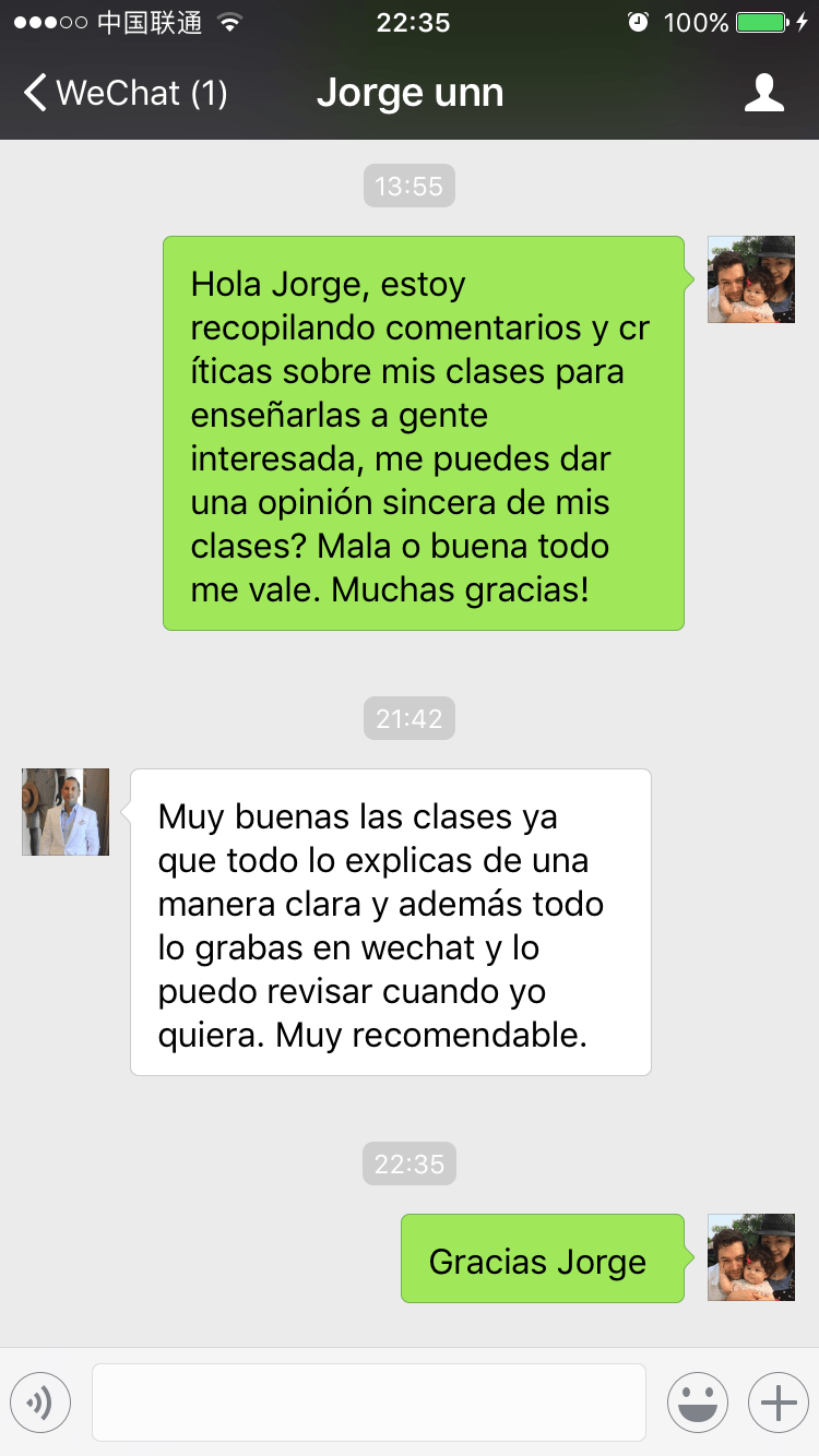 Testimonio de un alumno por WeChat