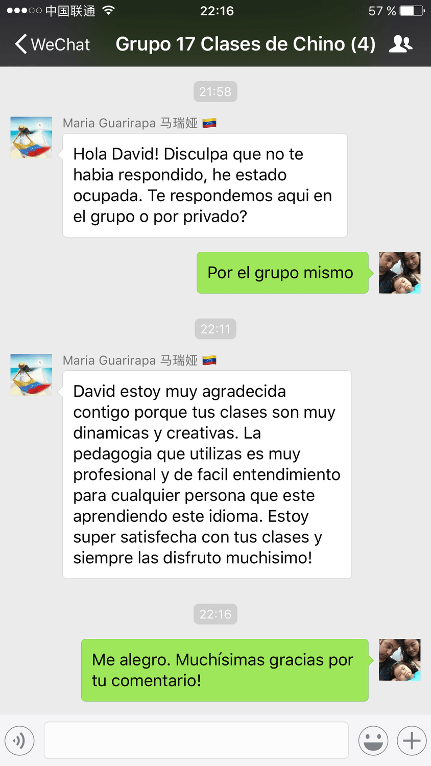 Testimonio de una alumna por WeChat