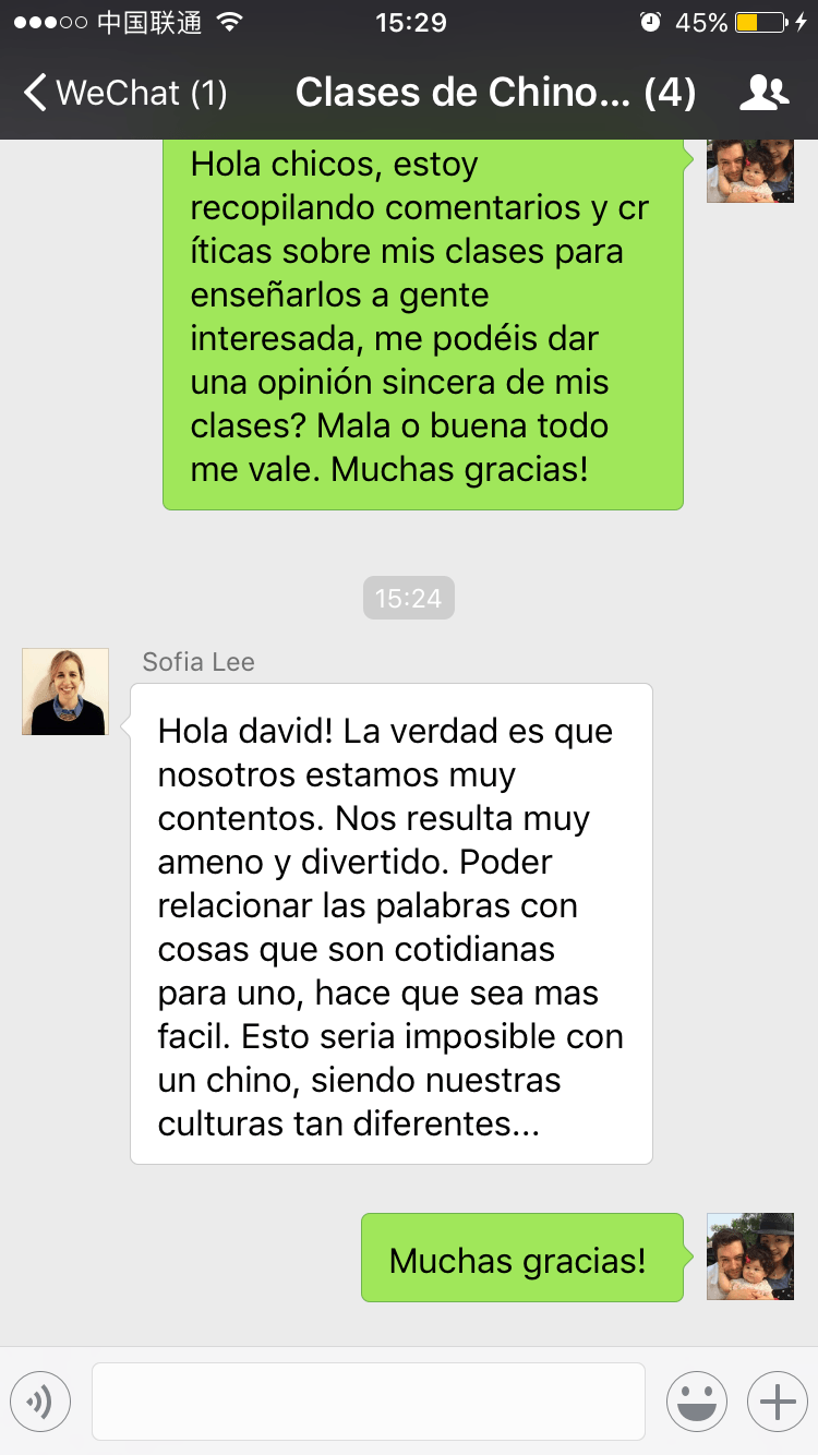 Testimonio de una alumna por WeChat