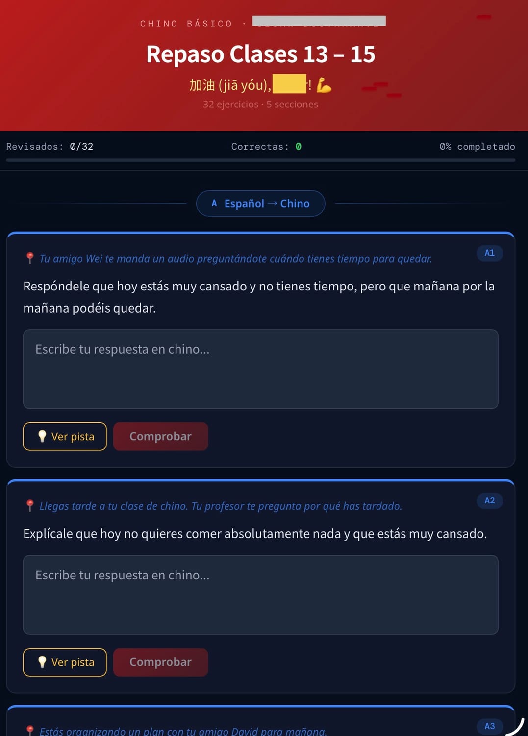 Web app de repaso VivirChina, vista de Repaso Clases 13-15