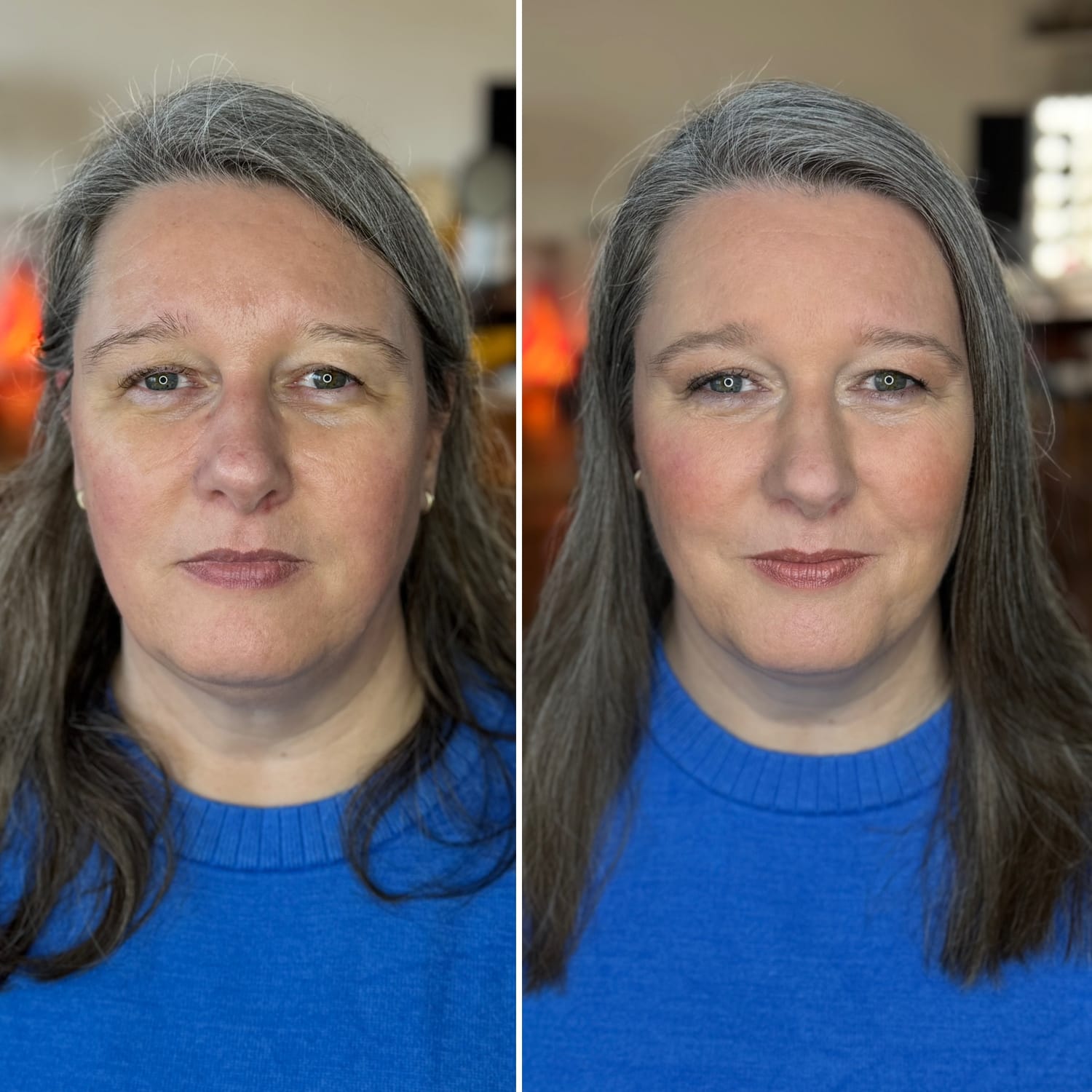  Erna (52) na make‑up masterclas. Voor en na foto met natuurlijke uitstraling