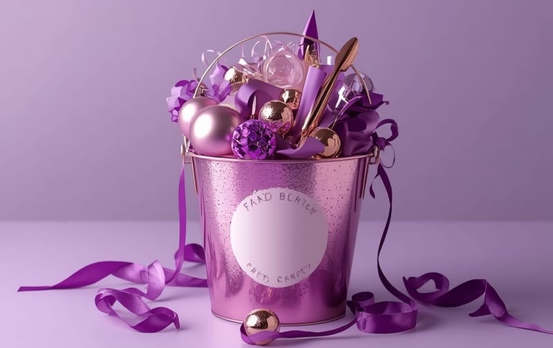 glamorous themed party favor bucket, purple and gold decorations, ribbons, custom label, product mockup