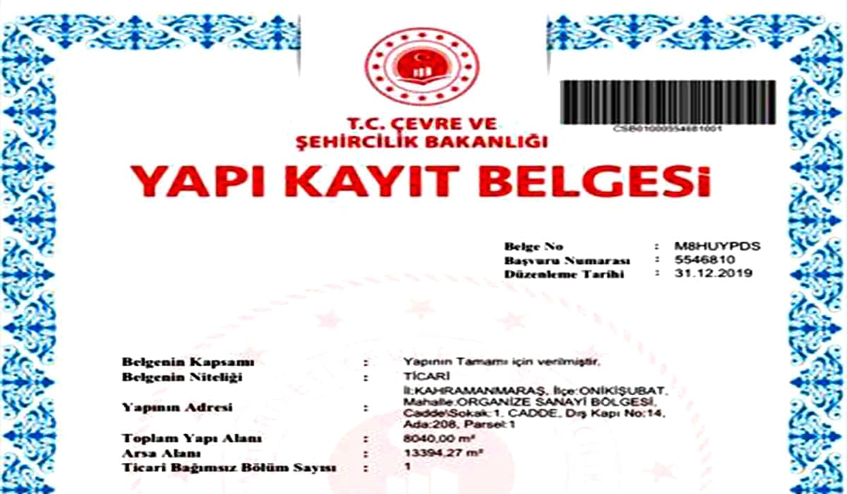 Kahramanmaraş OSB 208/1 Yapı Kayıt Belgesi