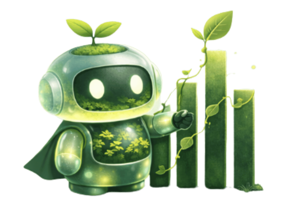 Robot mascotte de GreenRank avec la courbe de progression du SEO