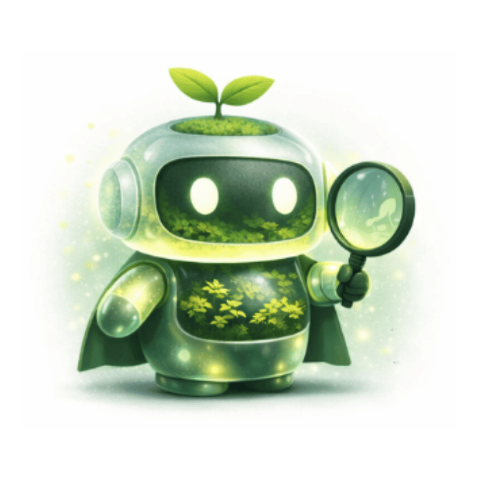Robot mascotte de GreenRank, avec une loupe pour étudier votre SEO
