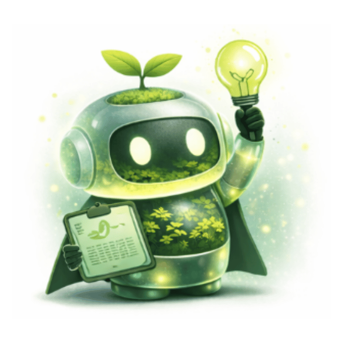 Robot mascotte de GreenRank avec ampoule et statistique