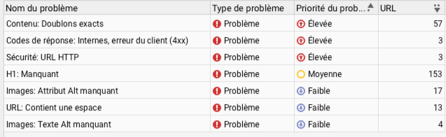 problemes du site sur Screaming Frog
