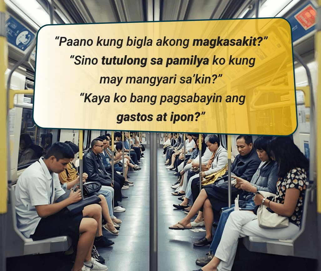 Commuters seated on a train with Tagalog ‘what if’ questions about illness, support, and savings.