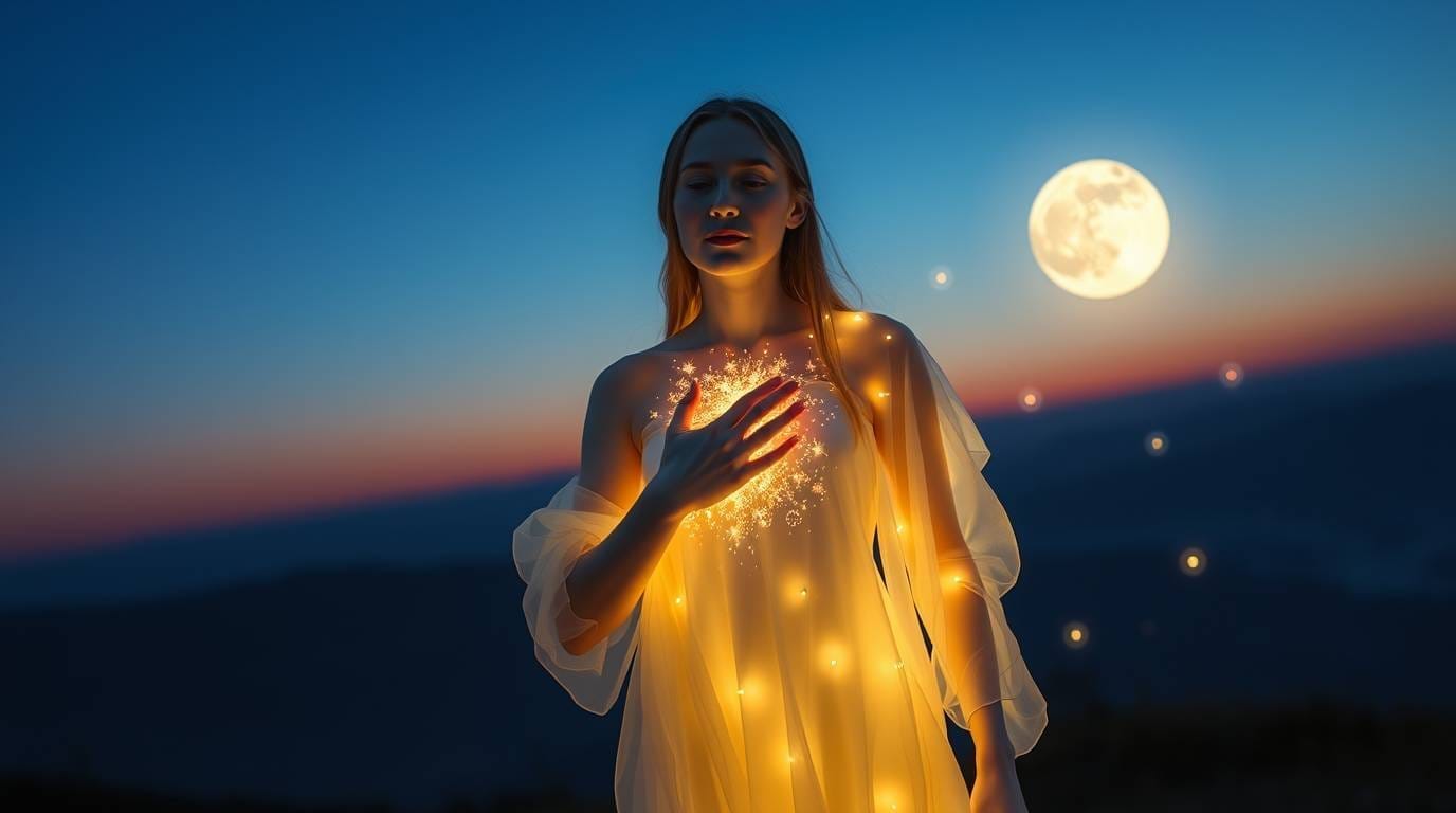 woman sanding in front of full moon with heart glowing and hand on chest