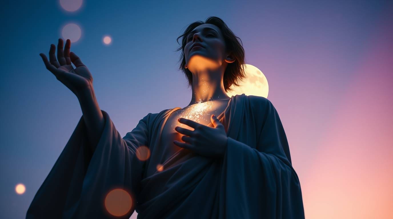 woman with eyes closed with a full moon behind her