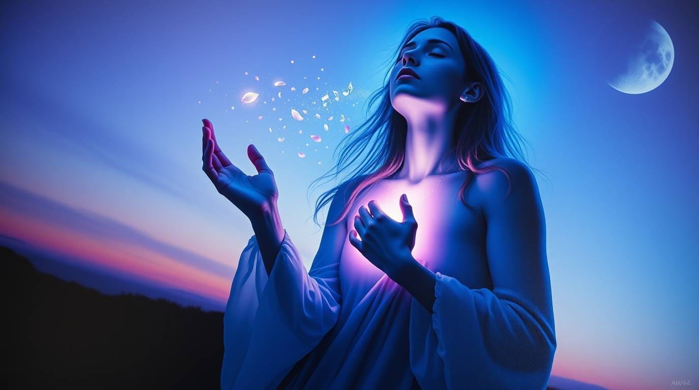 woman with eyes closed standing under the Moon