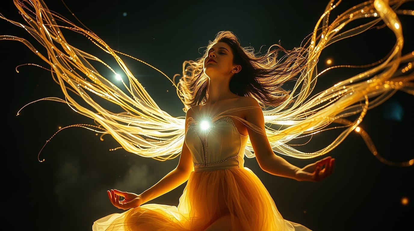woman with eyes closed and arms outstretched with golden threads coming out of her