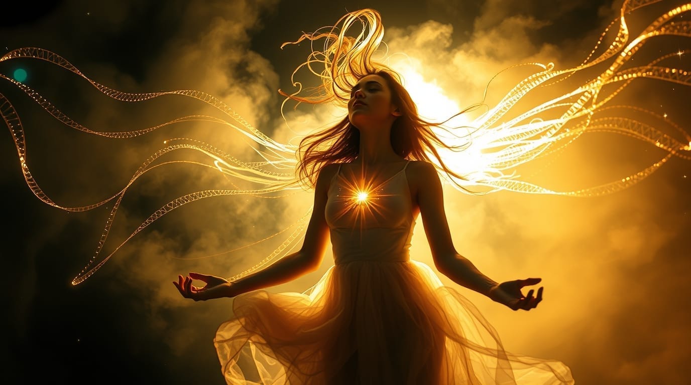 woman with eyes closed and arms outstretched with fog behind her and her heart glowing