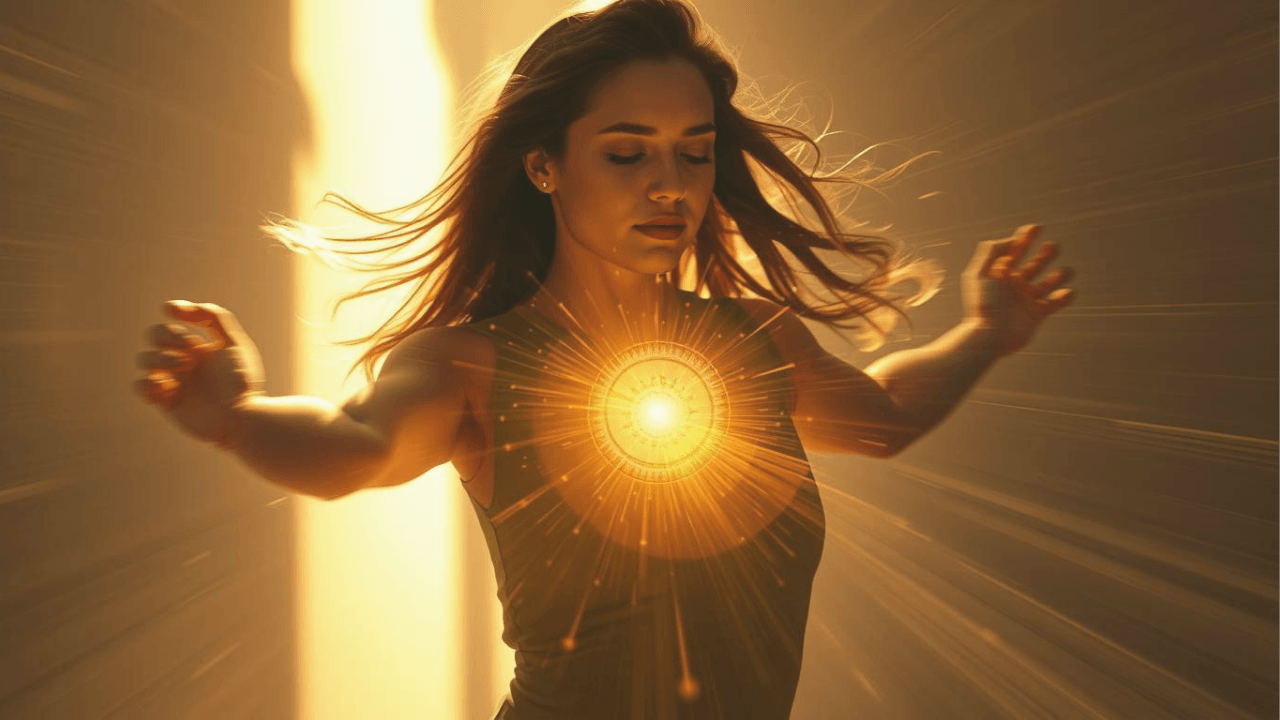 woman with eyes closed with heart glowing