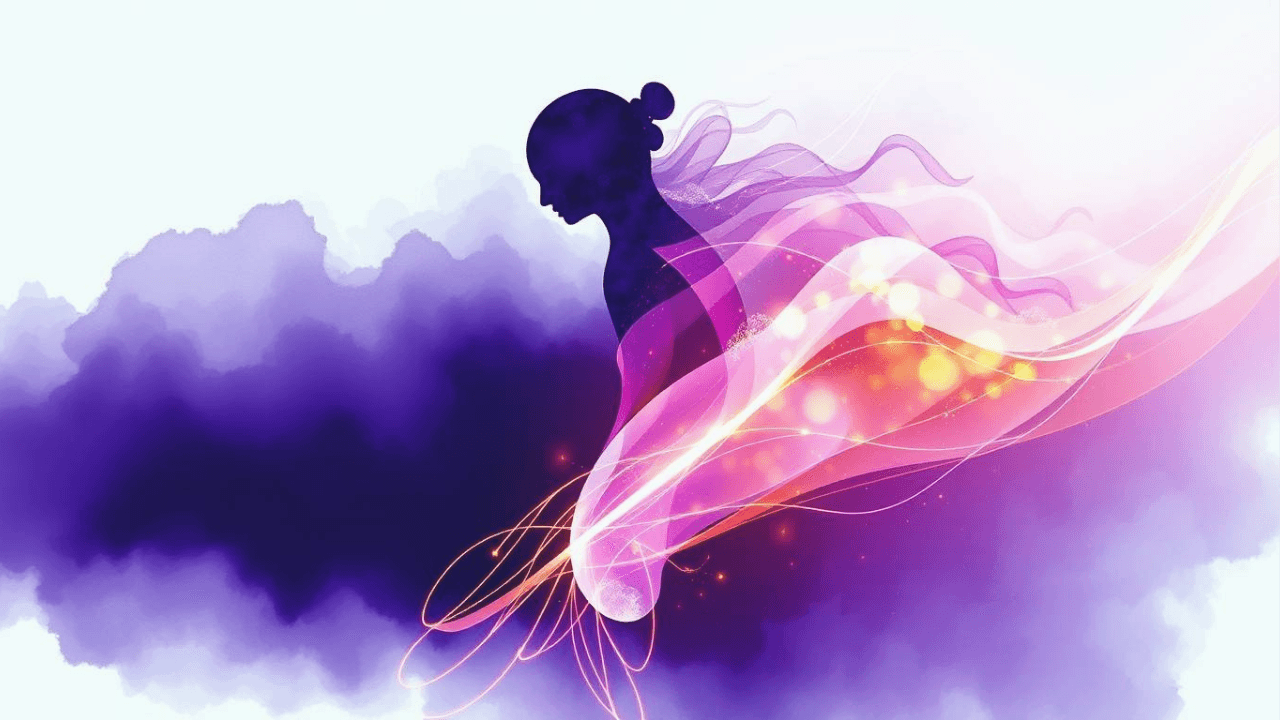 silhouette of a woman with eyes closed in purple and pink smoke haze