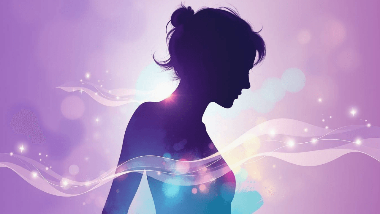 silhouette of a woman in hues of pink, purple, and blues