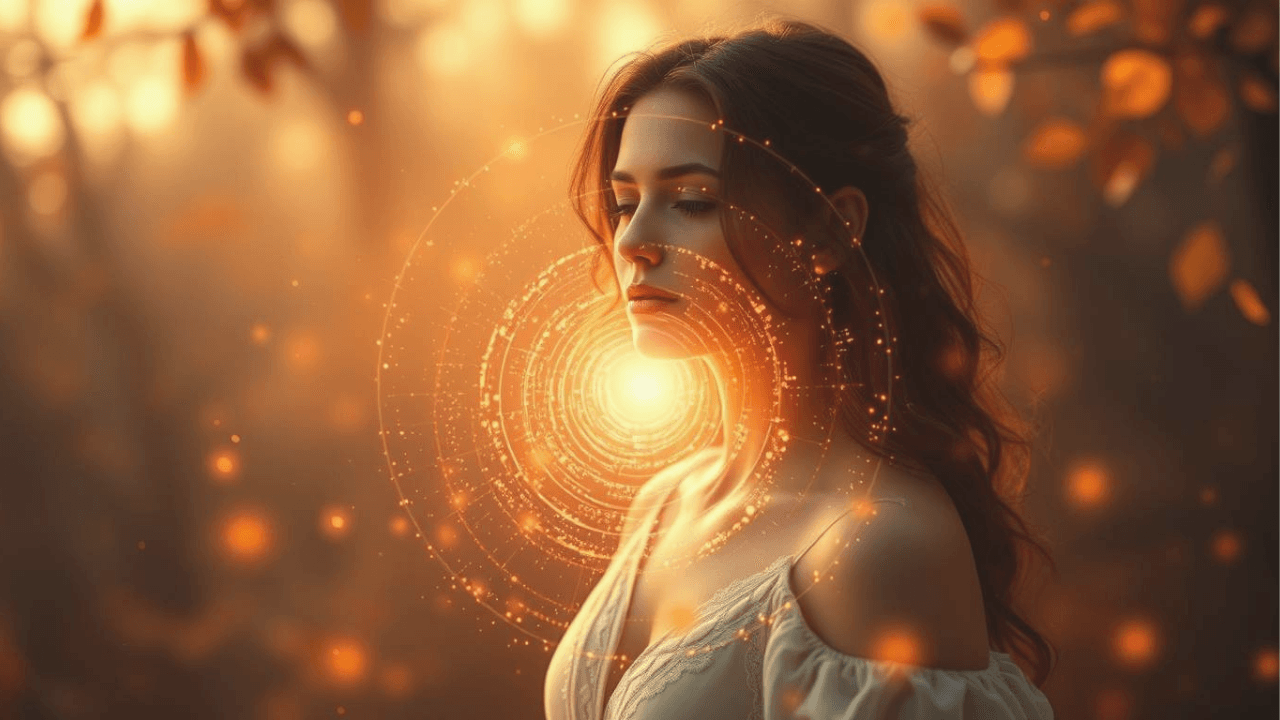 woman outside with a light spiral in front of her face