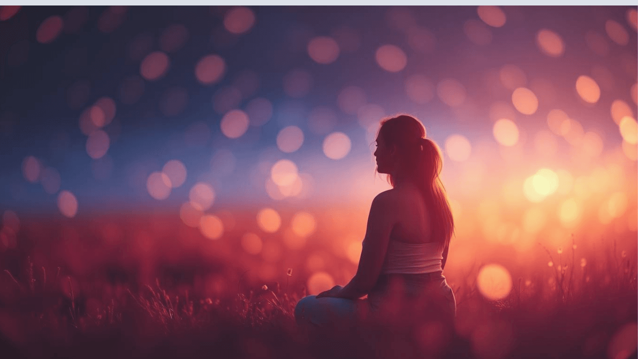 woman seated in.a field surround by light