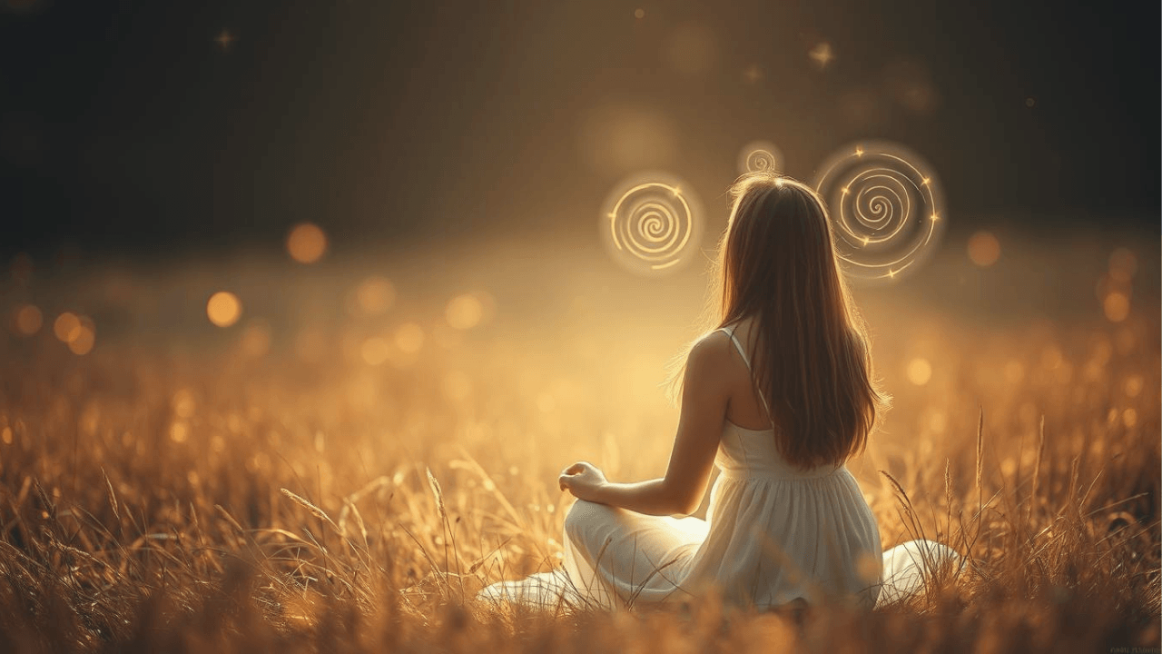 woman seated in a field with light spirals around her