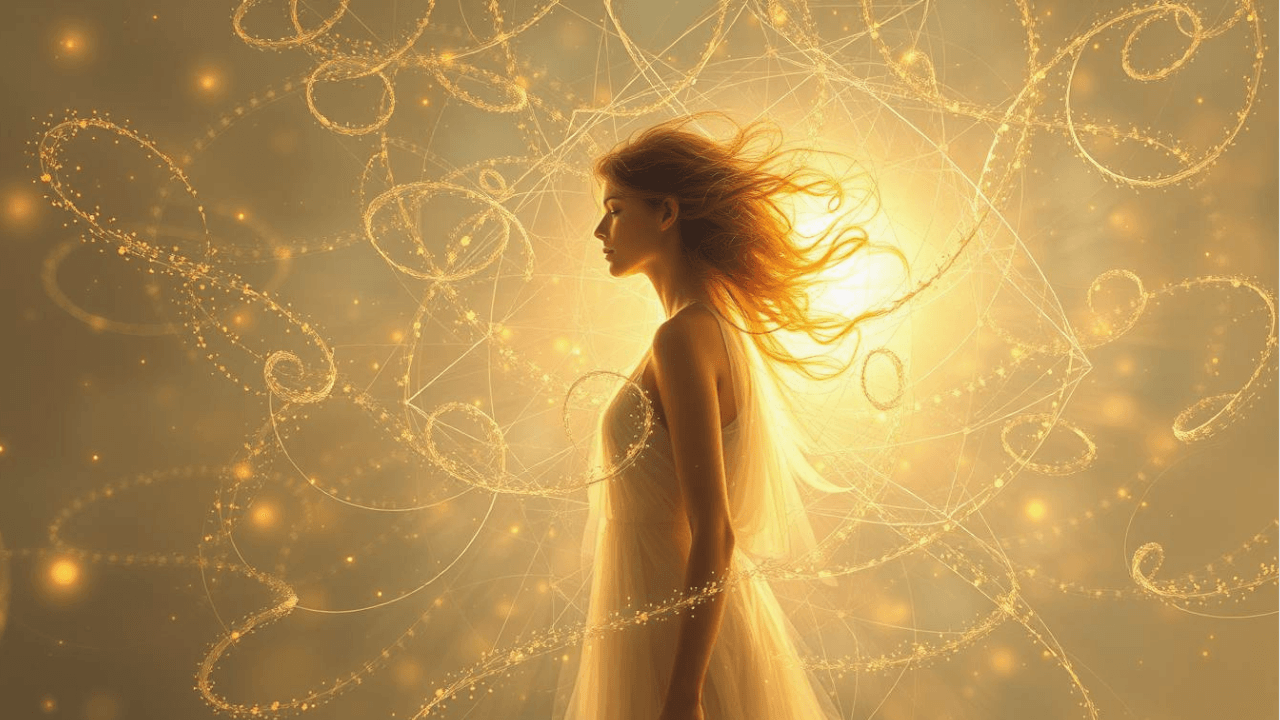 woman with eyes closed surrounded by swirling gold threads