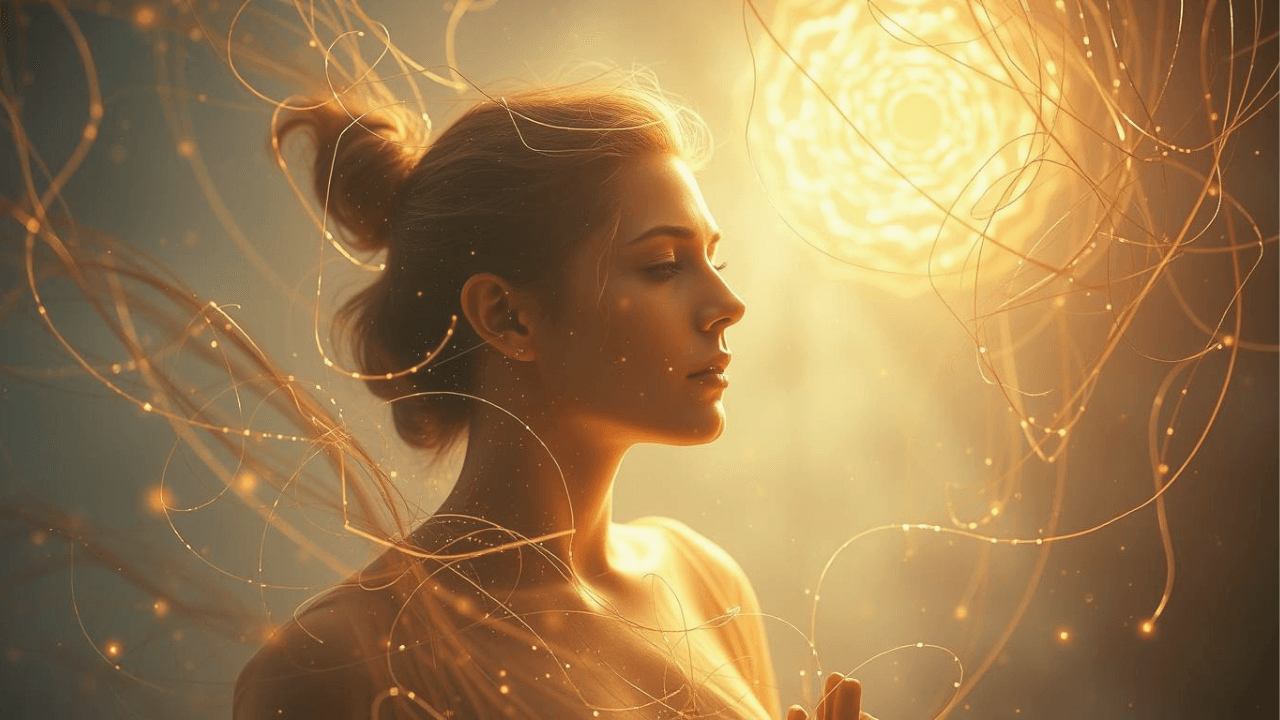 close up of a woman beneath the sun surrounded by golden threads