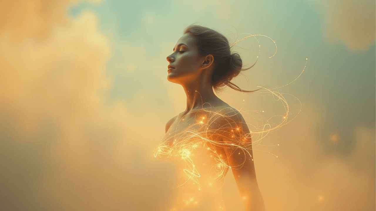 woman with surrounded by fog, blue sky, and golden threads