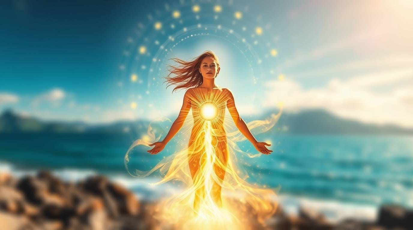 woman with body glowing and arms outstretched in front of blurry beach scene