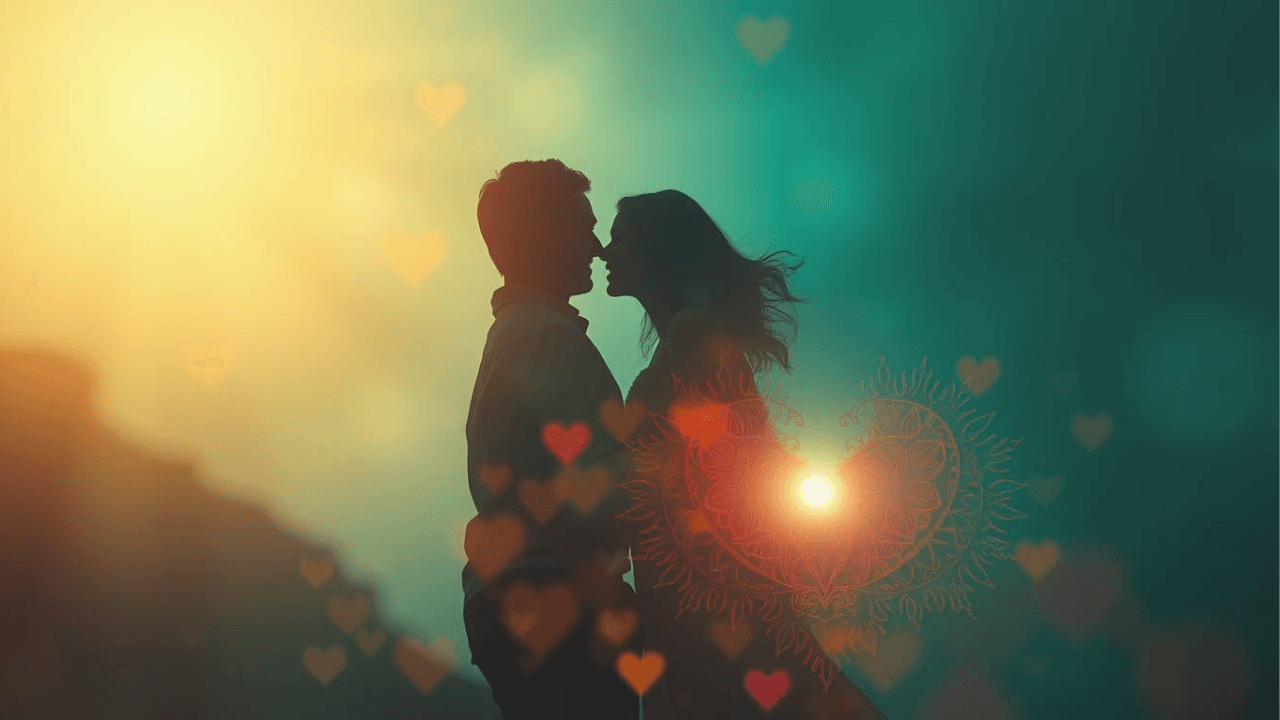 a couple embracing outside with hearts