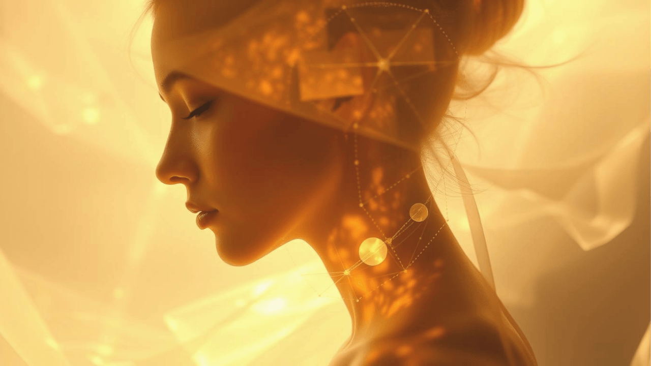 silhouette of a woman with shapes of blocks in her head