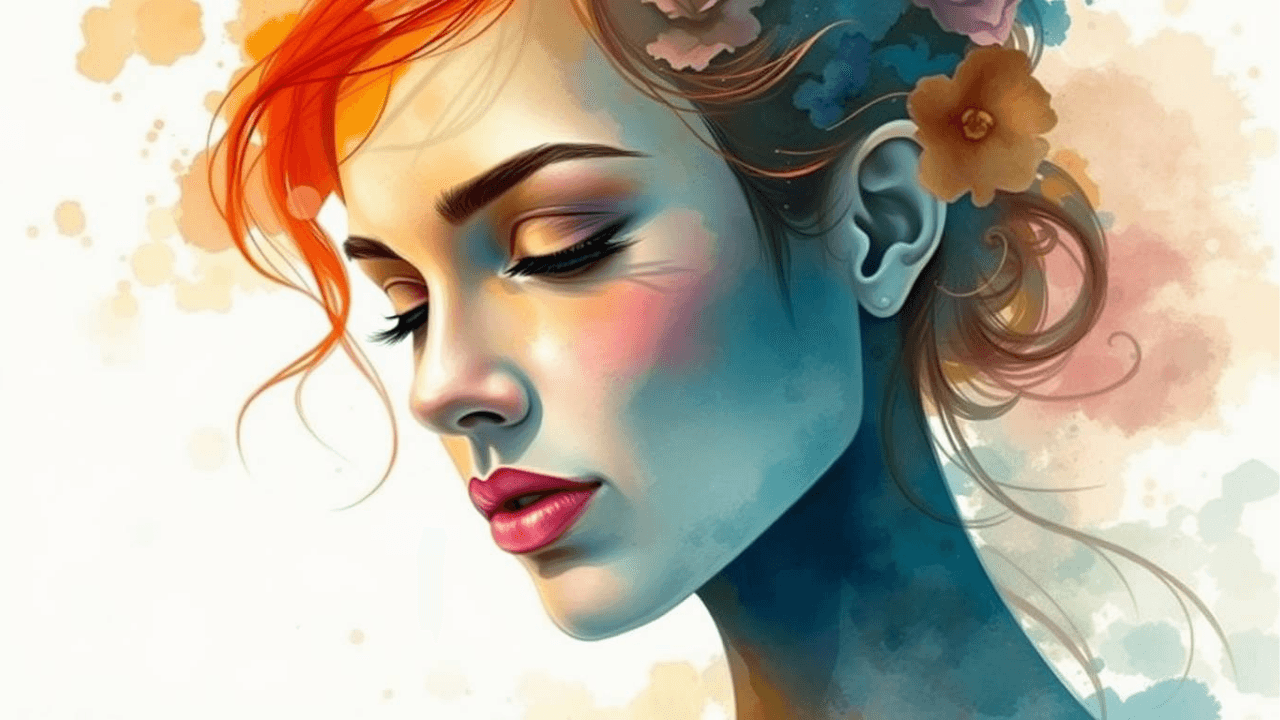 a close up of a woman's face, with red lips, red hair and flowers in her hair the epitome of grace and style