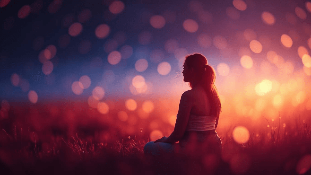 woman sitting in a field of glowing orbs