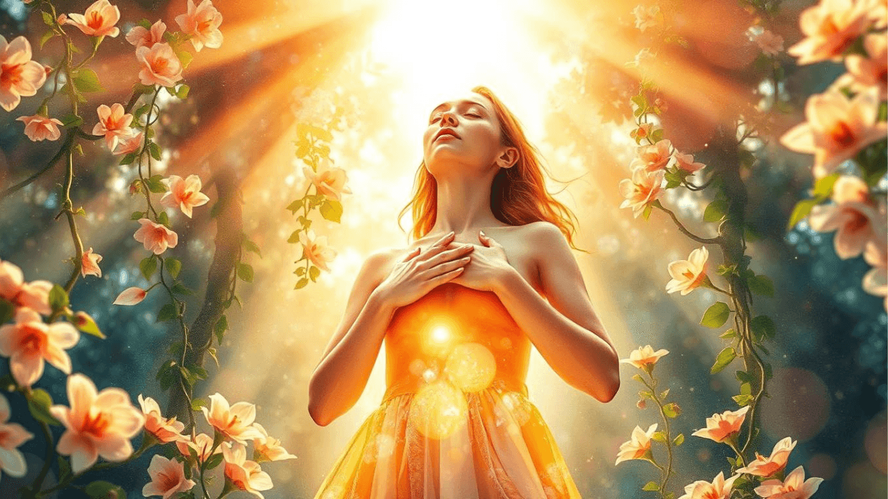 woman in flow with hands on heart surrounded by flowers and sunshine