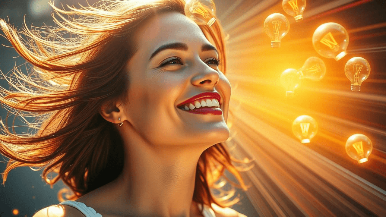 close up of woman smiling with lightbulbs streaming out of her head