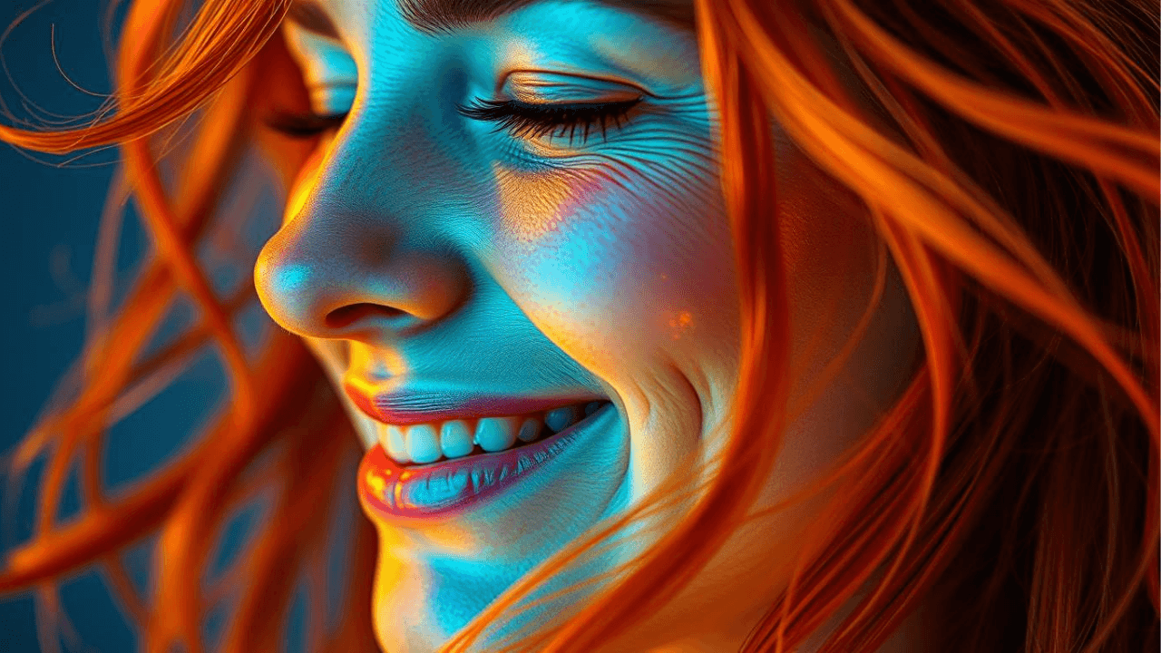 closeup of woman with auburn hair and wrinkles smiling and looking down