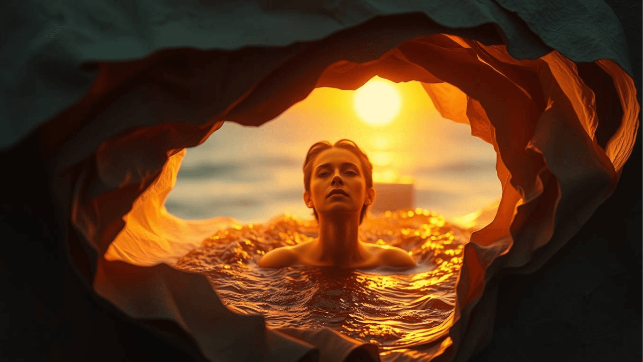 woman submerged in the ocean looking through an emotional portal with the sun behind her