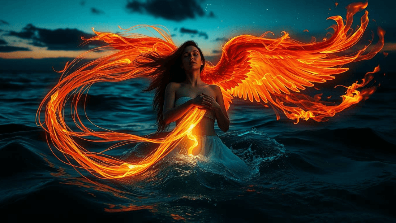 woman with eyes closed in ocean with a phoenix behind her