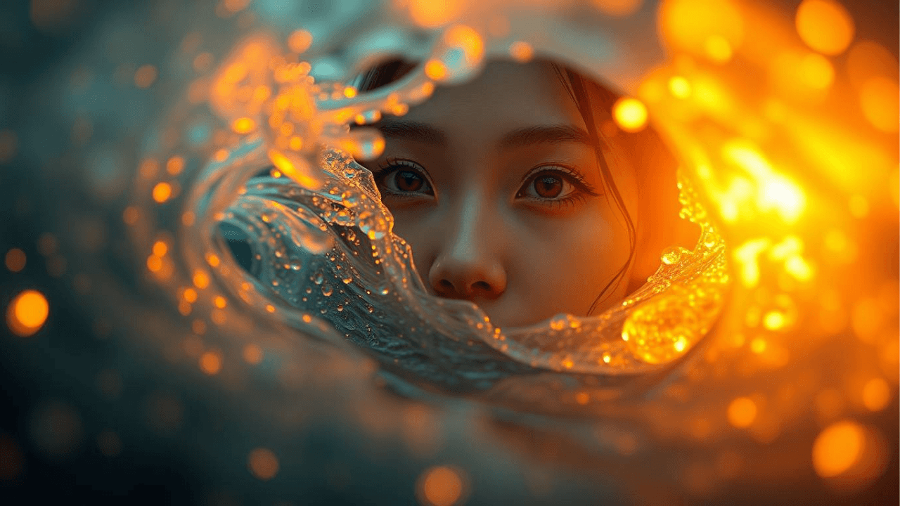 woman in water looking through an opening in the water