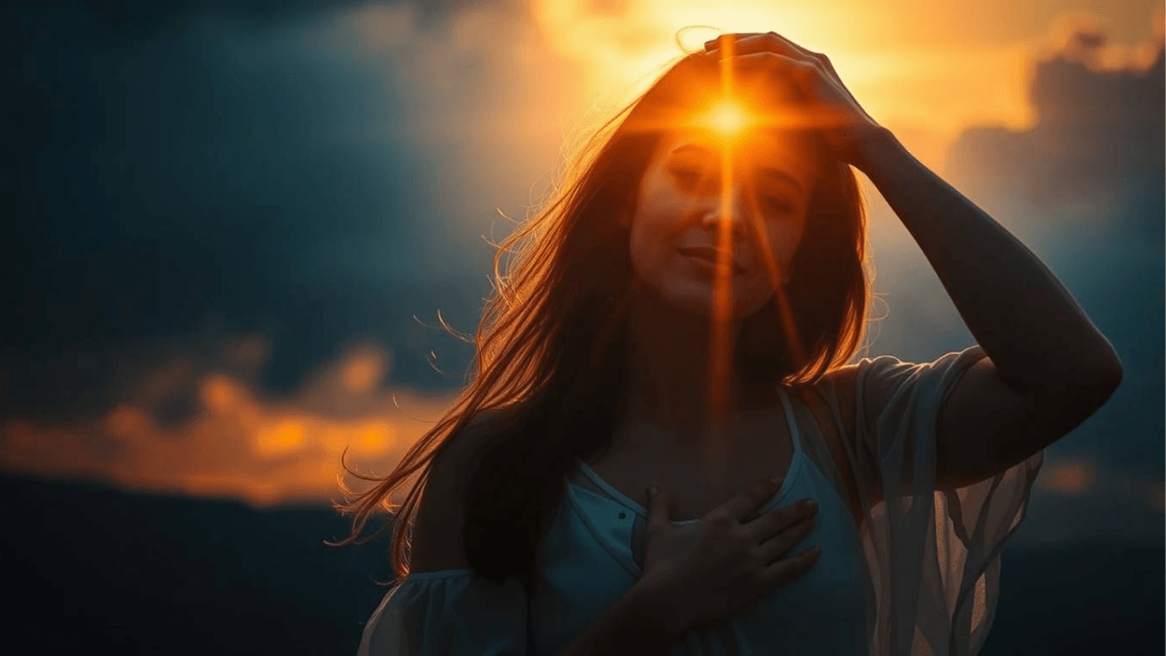 woman standing outside in the sun with a hand on her heart and her head