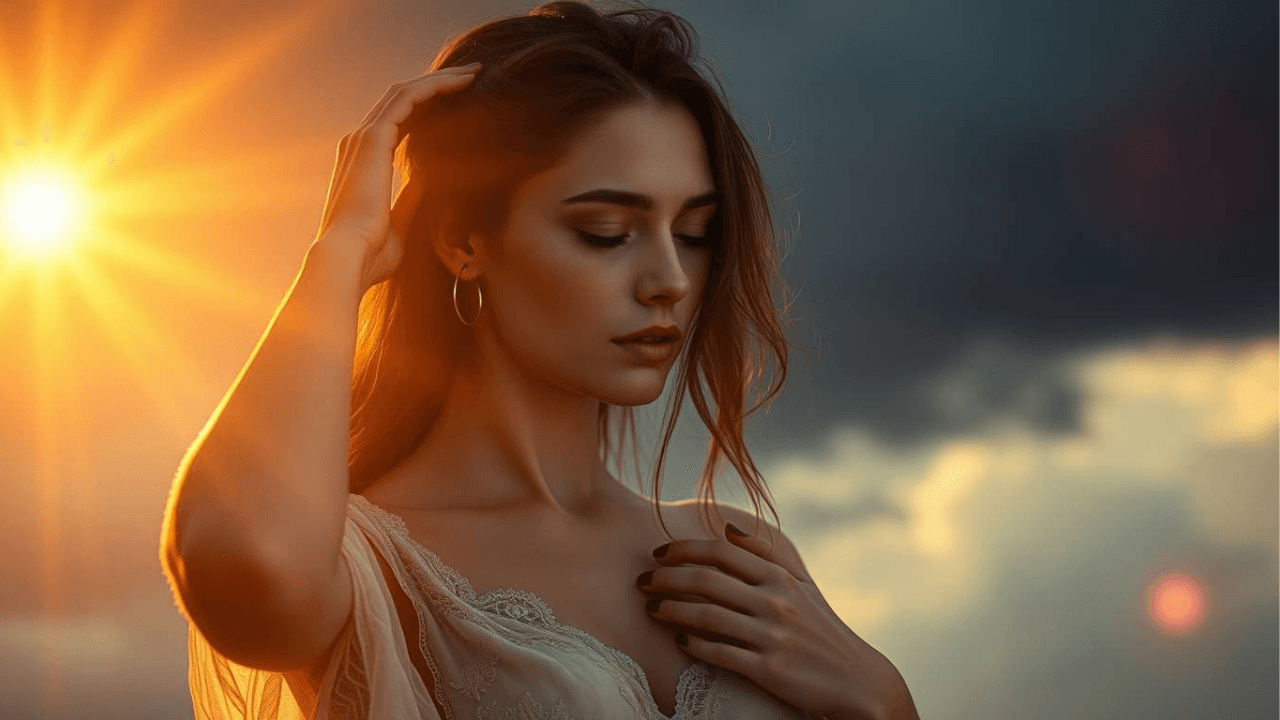 woman dressed elegantly in white standing outside with the sun above her head and her eyes closed and her hand on her head and her heart