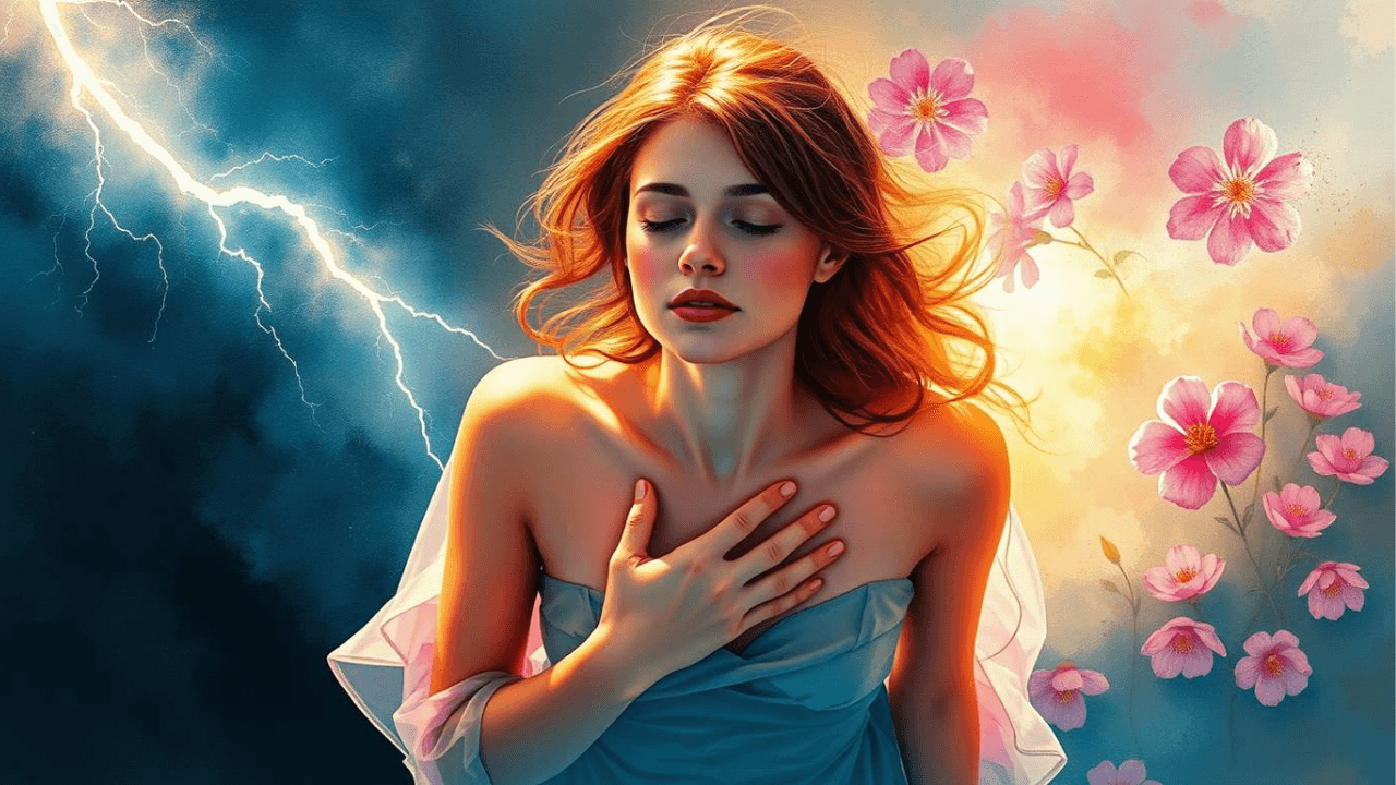 women with eyes closed and hand on heart with a lightning bolt and flowers behind her