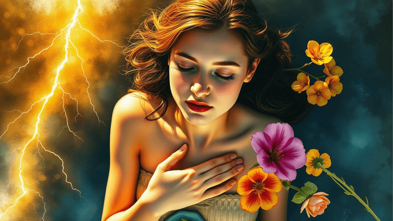woman with hand on her chest surrounded by a lightning bolt and flowers
