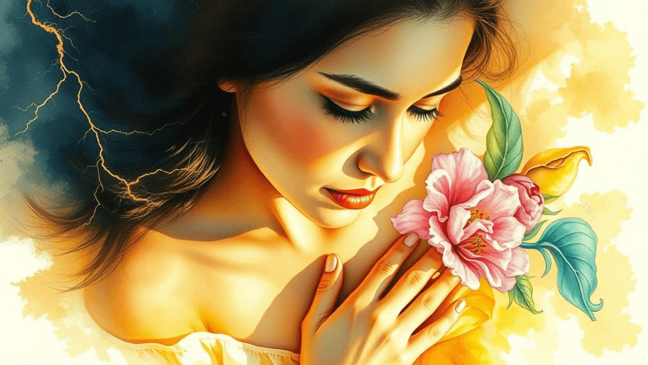 birds-eye view of woman with flowers and lightning bolt