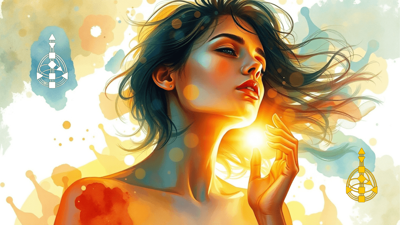 close up of a woman bathed in sunlight, watercolor picture, defined and undefined centers in bodygraph