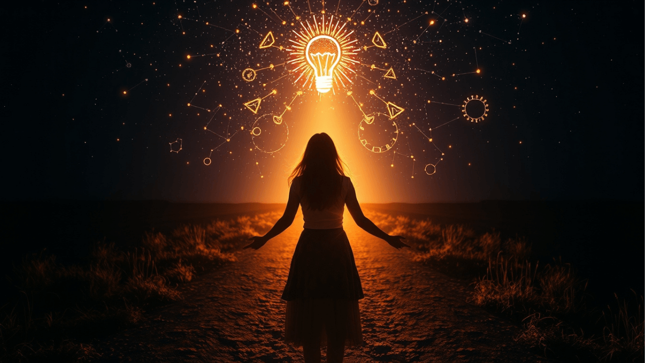 woman standing alone at night with a glowing lightbulb above her head