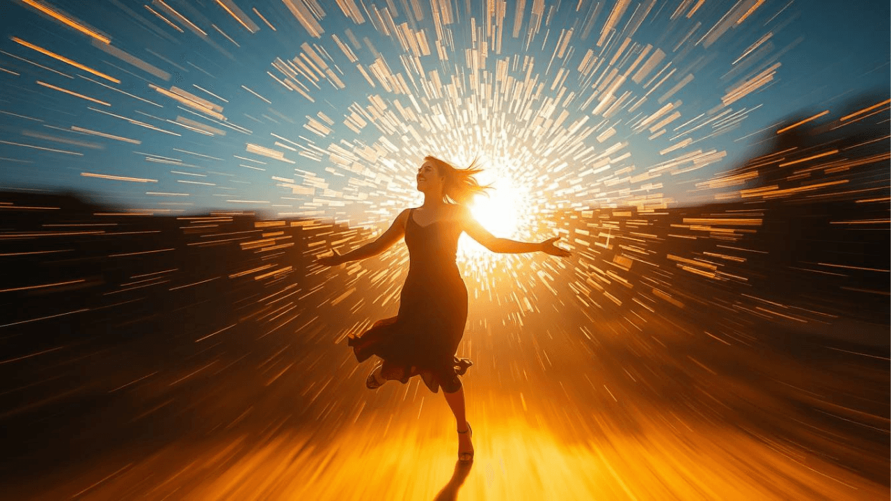 confident woman surrounded by golden light skipping