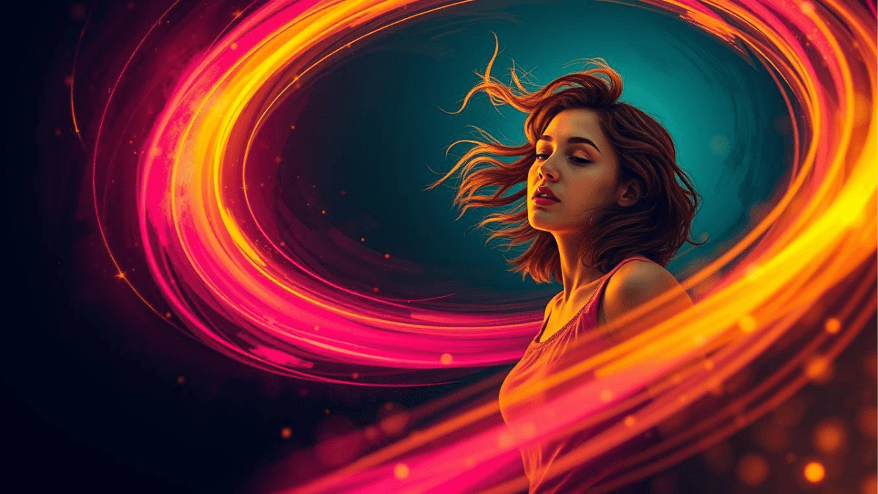 woman in a pink swirl of activity