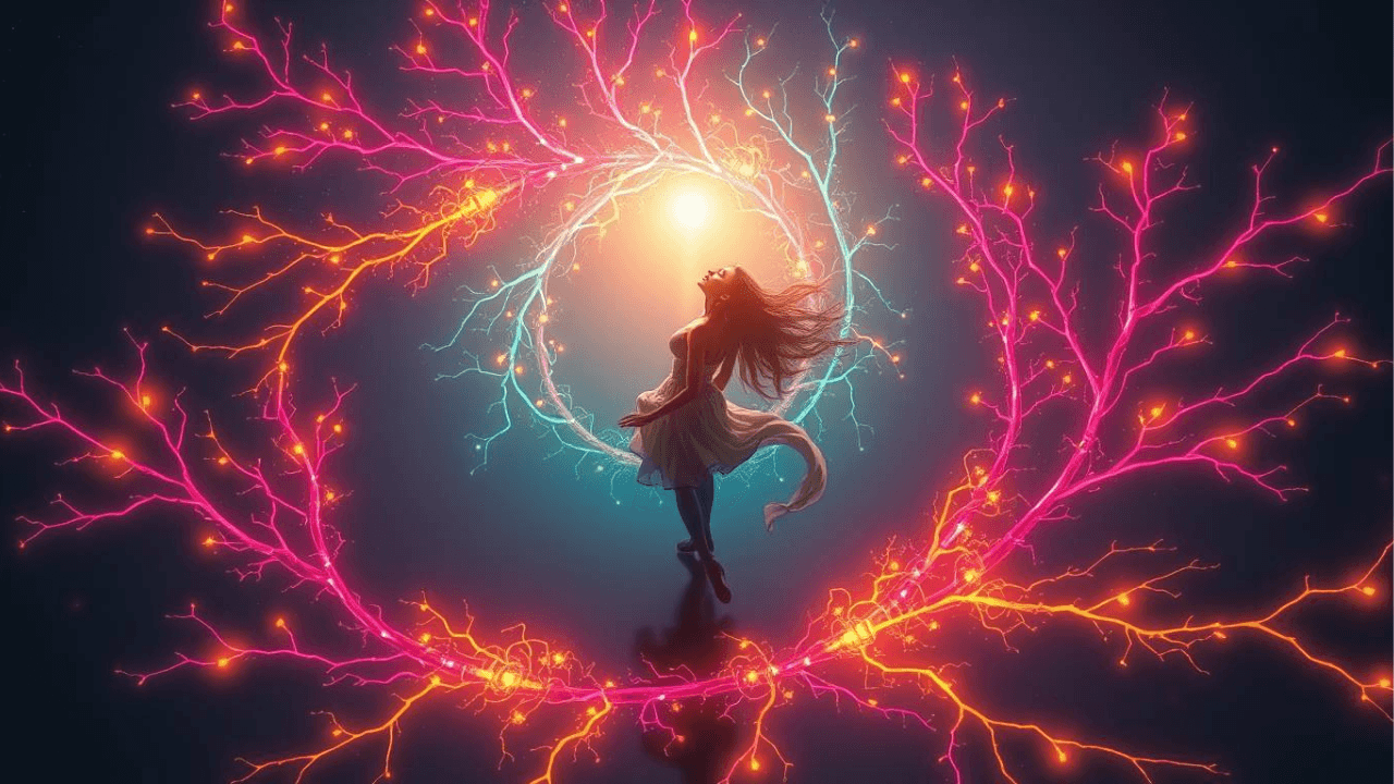 woman in motion surrounded by electric currents