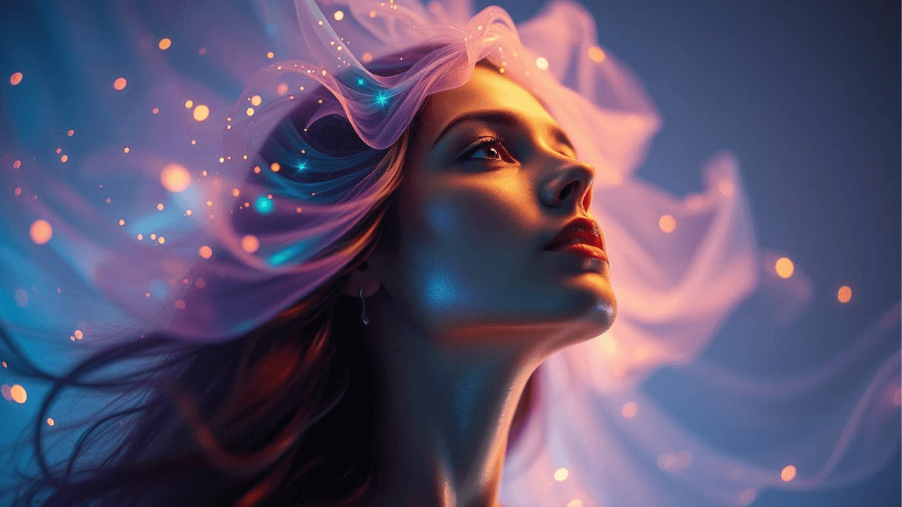 human design projector woman with piercing gaze surrounded by violet mist